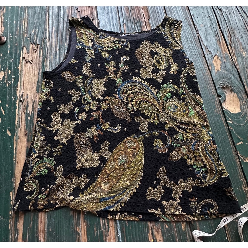 Y2K vtg Textured Popcorn Knit Paisley Metallic Sleeveless Shell Top Black Gold